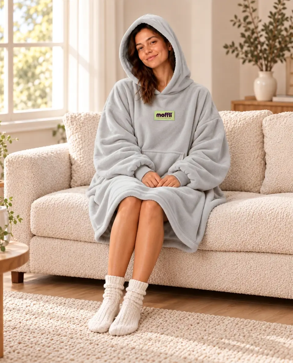 Woman sitting on the sofa wrapped in the Cloud Grey Moffli with hood up