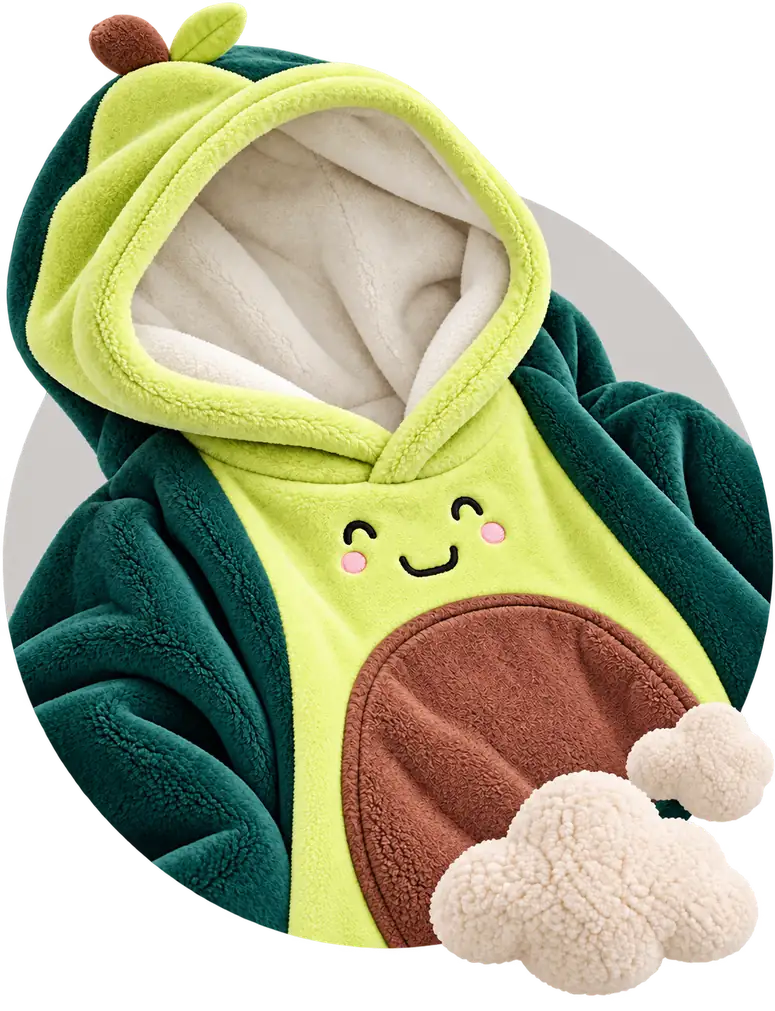 Green Avocado Kids Moffli blanket close-up, hood, smiling face, seed pocket and decorative soft clouds