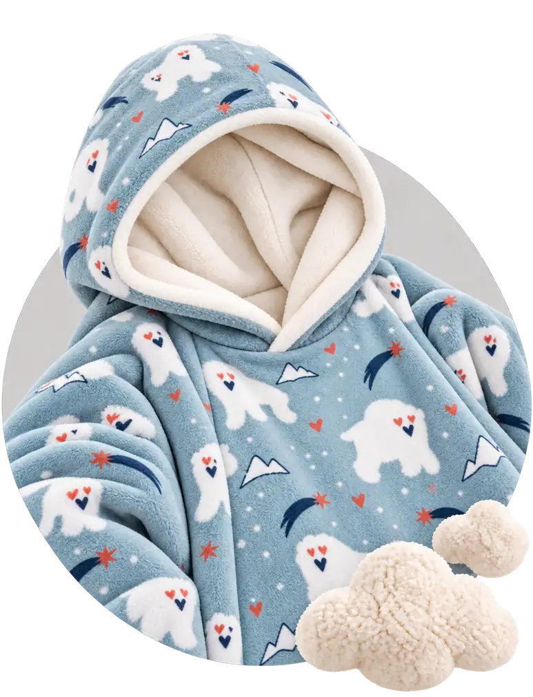 Blue Polar Bear Kids Moffli blanket close-up, polar bear print, cream fleece lined hood and decorative soft clouds