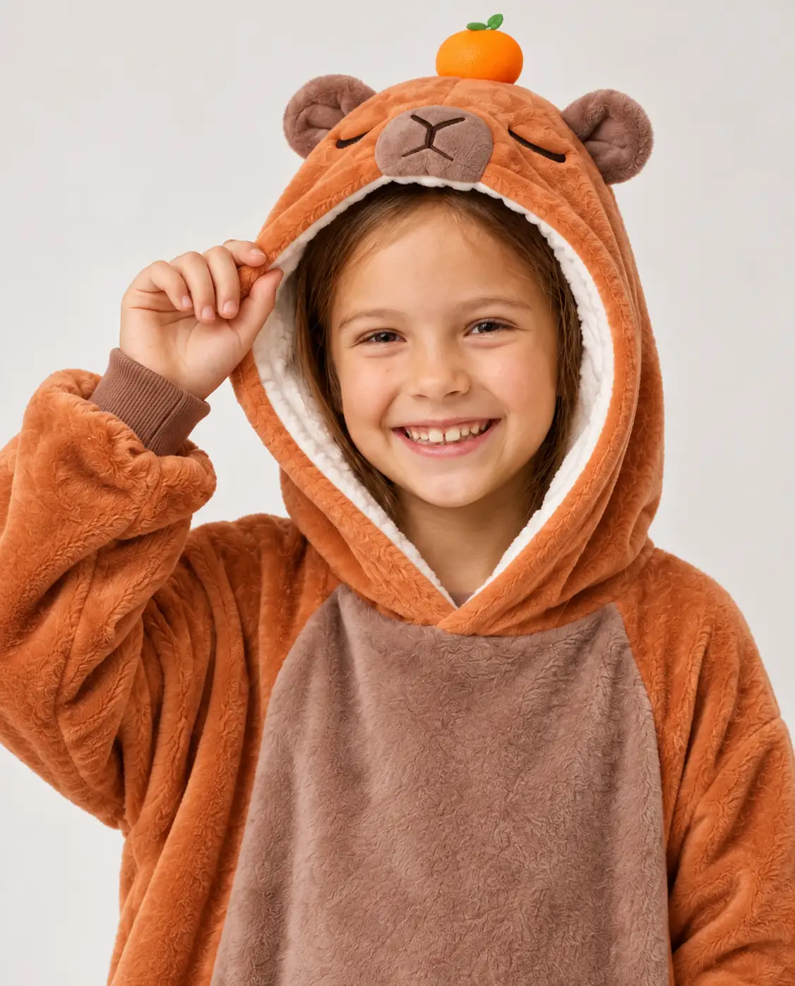 Close-up of a smiling girl with the capybara hood of the Capybara Kids Moffli