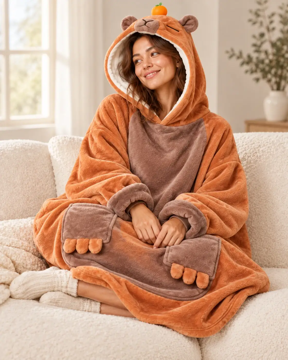 Woman sitting on the sofa with the Capybara Moffli and hood up with the mandarin