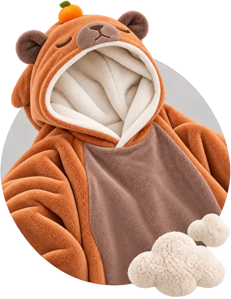 Capybara Moffli blanket close-up, hood with face, ears and tangerine, brown panel and decorative soft clouds
