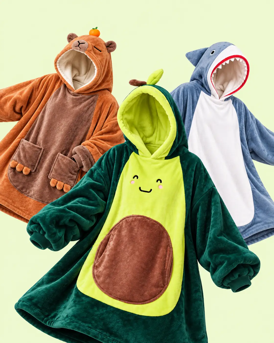 The three Mofflis: Capybara, Shark and Avocado on a light green background, with Avocado in front