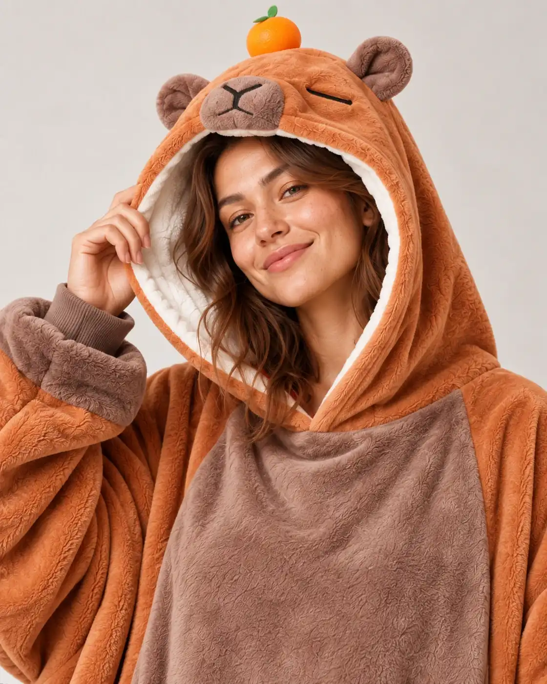 Close-up of a smiling woman with the Capybara Moffli hood, face, ears, mandarin and white lining