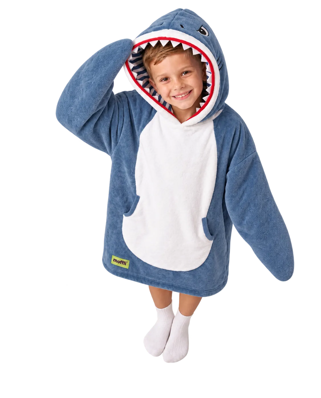 Child wearing the blue and white Shark Kids Moffli lifting the shark hood