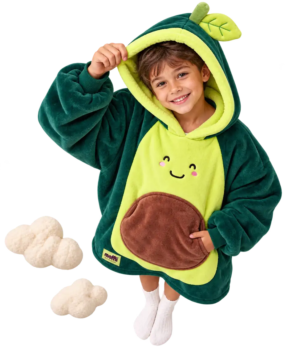 Child seen from above wearing the green Avocado Kids Moffli, leafy hood up, hand in the pit pocket, Moffli label and two soft clouds