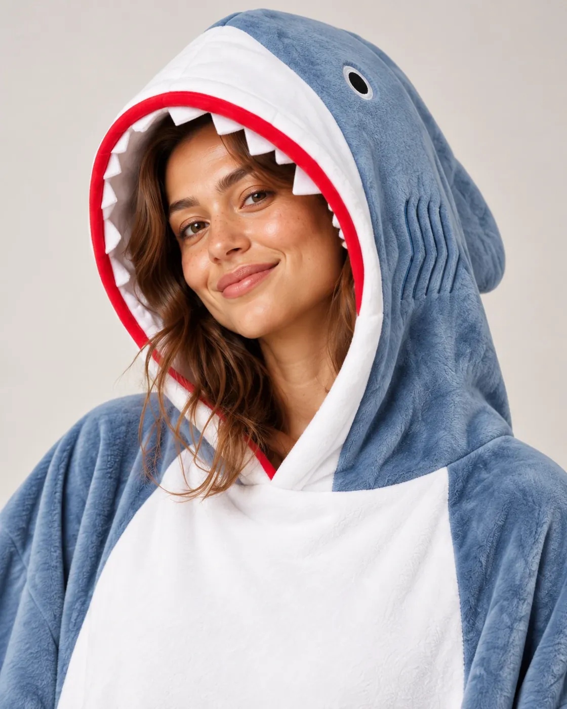 Close-up of the shark mouth hood with white teeth, red border and eye