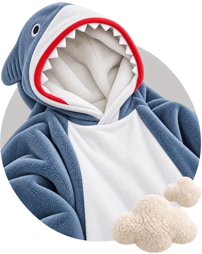 Shark Moffli blanket close-up, shark mouth hood with soft teeth, white belly and decorative soft clouds