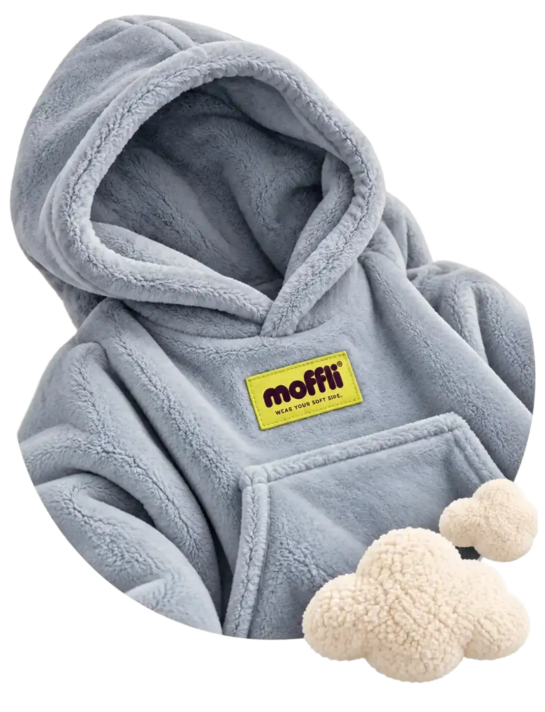 Cloud Grey Moffli blanket with hood, pistachio patch on chest and decorative soft clouds