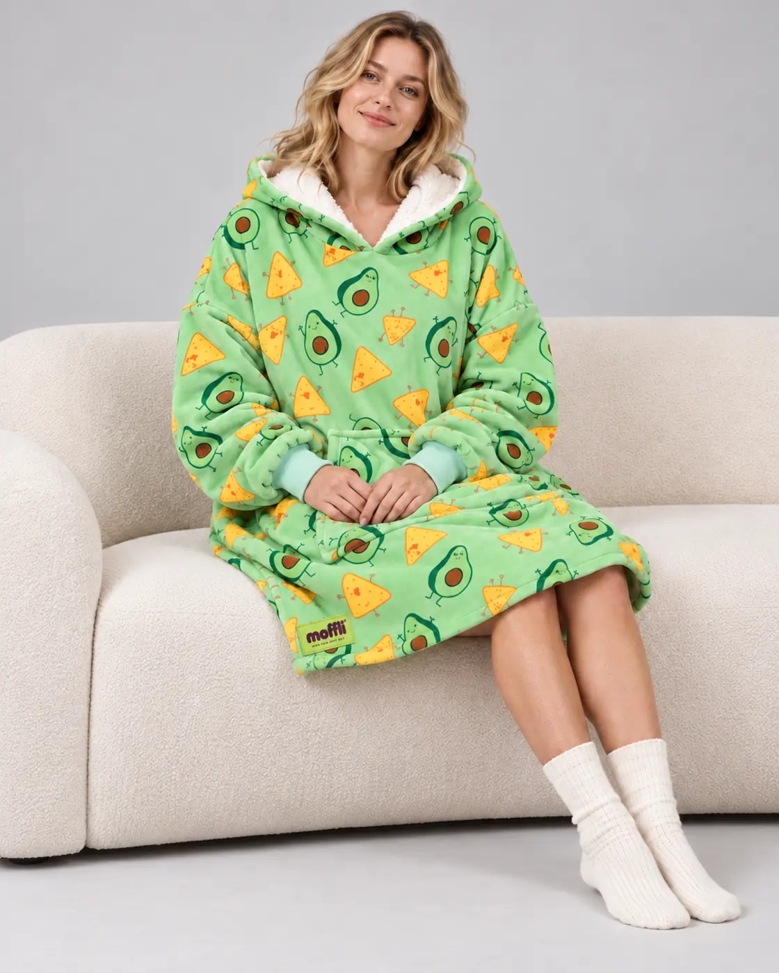 Front detail of the Avocado & Nachos Moffli with kangaroo pocket and Moffli label