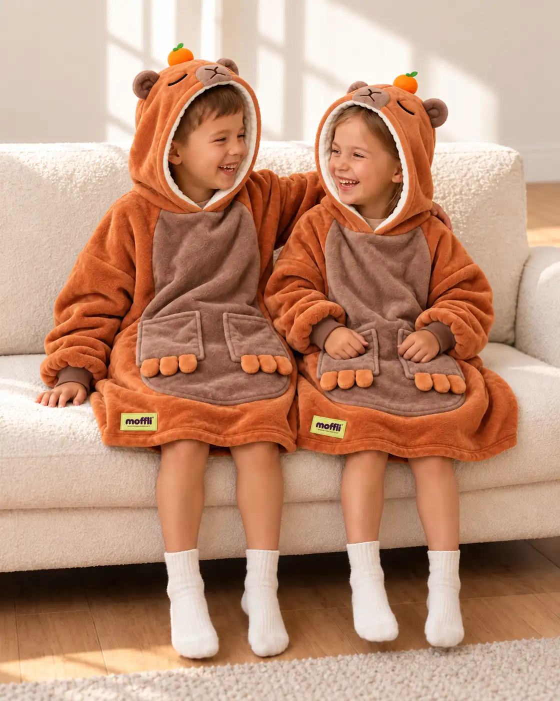 Girl standing wearing the Capybara Kids Moffli, hood up with face, ears and mandarin