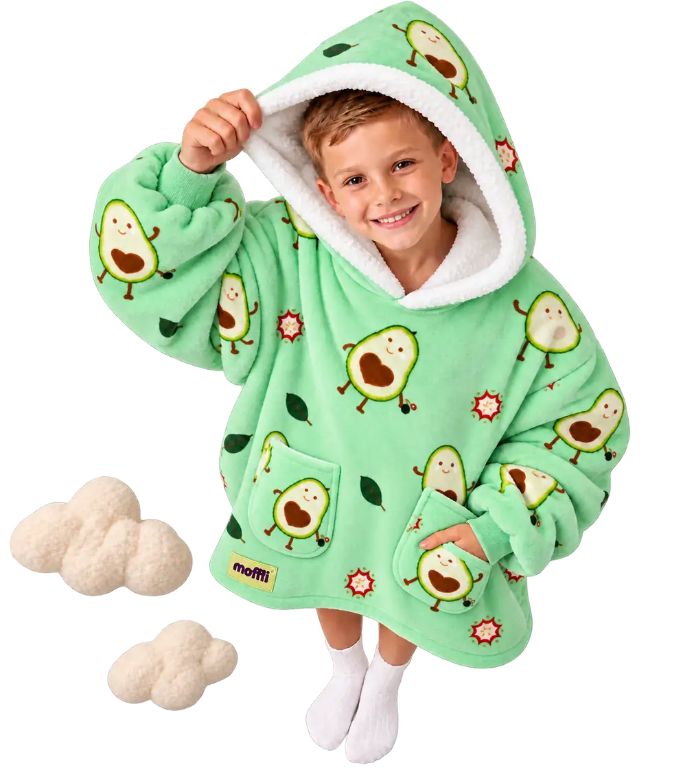 Child seen from above wearing the mint green Avocado Love Kids Moffli, hand lifting the sherpa hood, other hand in the pocket, Moffli label and two soft clouds