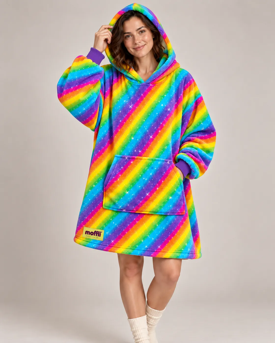 Front detail of the Rainbow Moffli with kangaroo pocket, cuffs and star print