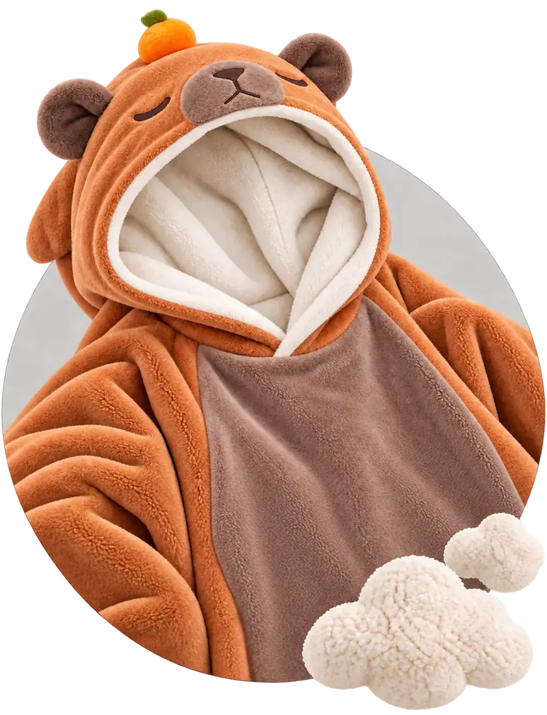Orange Capybara Kids Moffli blanket close-up, hood with face, ears and tangerine, cream sherpa interior, brown panel and decorative soft clouds