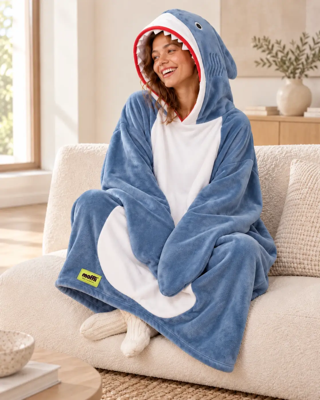 Woman sitting on the sofa wrapped in the Shark Moffli with hood up
