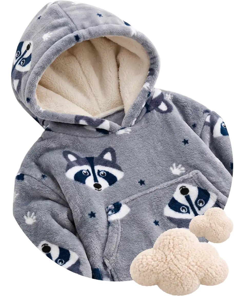 Grey Raccoon Kids Moffli blanket close-up, raccoon face print, cream fleece lined hood and decorative soft clouds