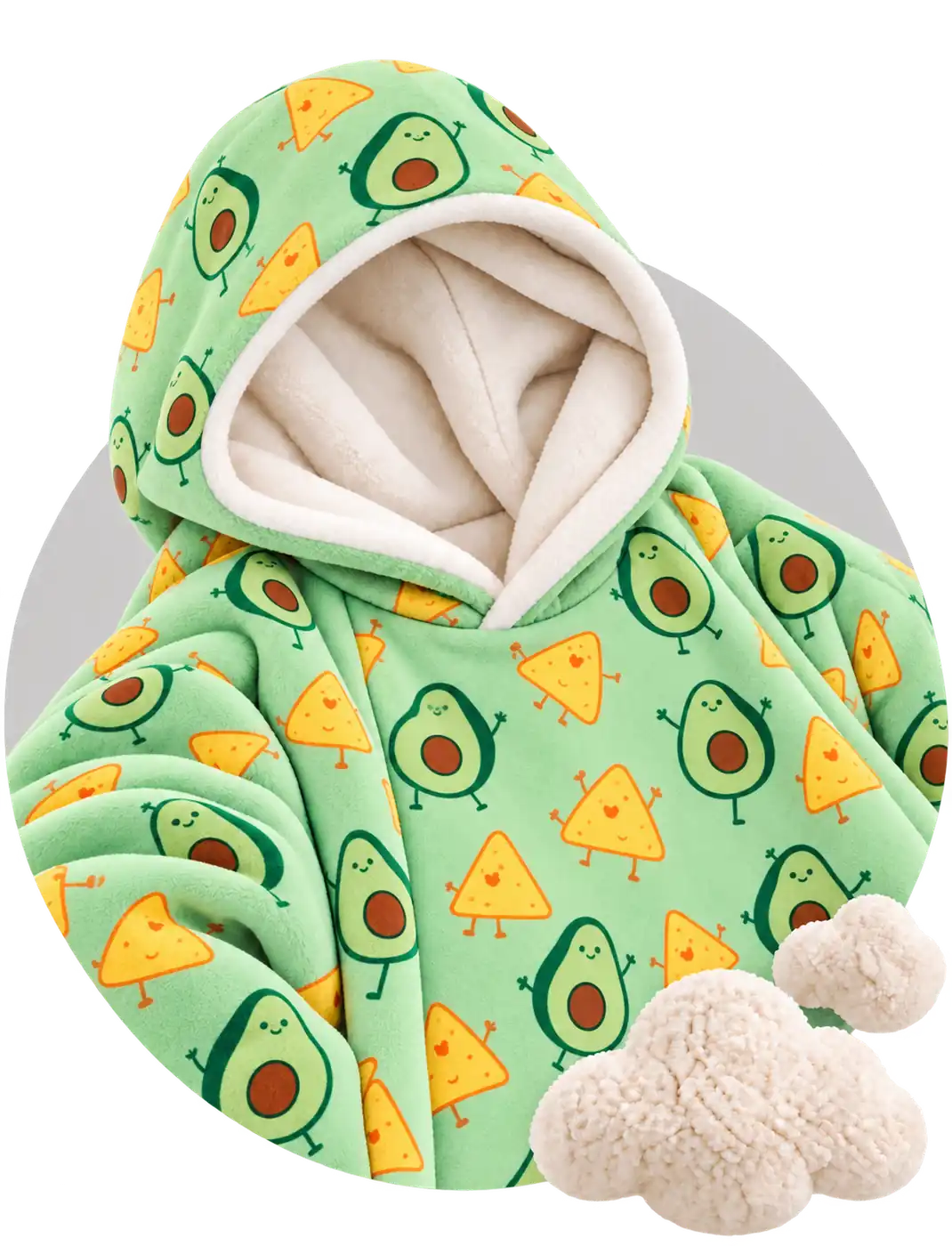 Green avocado and nachos pattern Moffli blanket close-up, cream fleece lined hood and decorative soft clouds