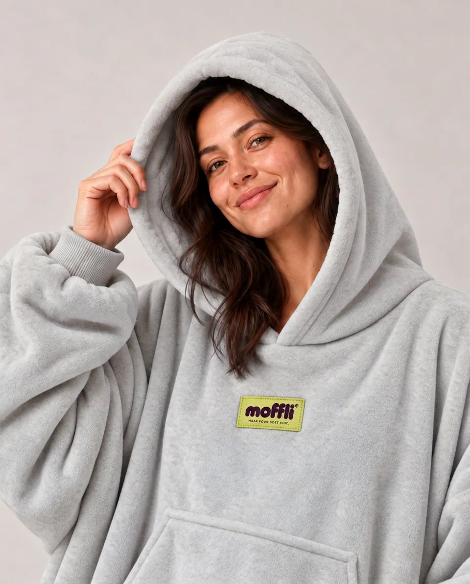 Close-up of a smiling woman with the Cloud Grey Moffli hood and the pistachio label on her chest