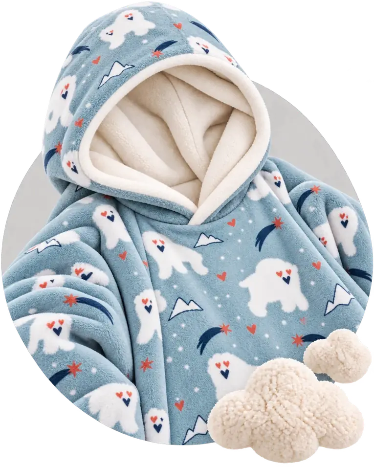 Blue Polar Bear Moffli blanket close-up, cream fleece lined hood, polar bear print and decorative soft clouds