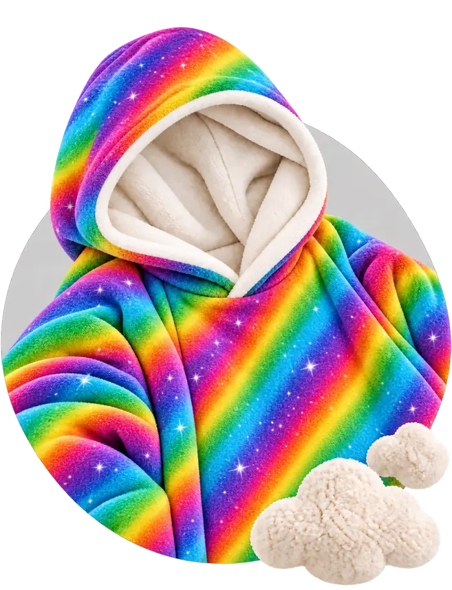 Rainbow striped Moffli blanket with stars close-up, cream fleece lined hood and decorative soft clouds