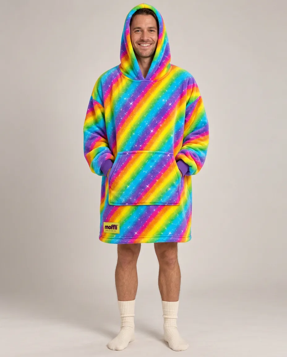 Smiling man full length wearing the Rainbow Moffli and hands in pocket