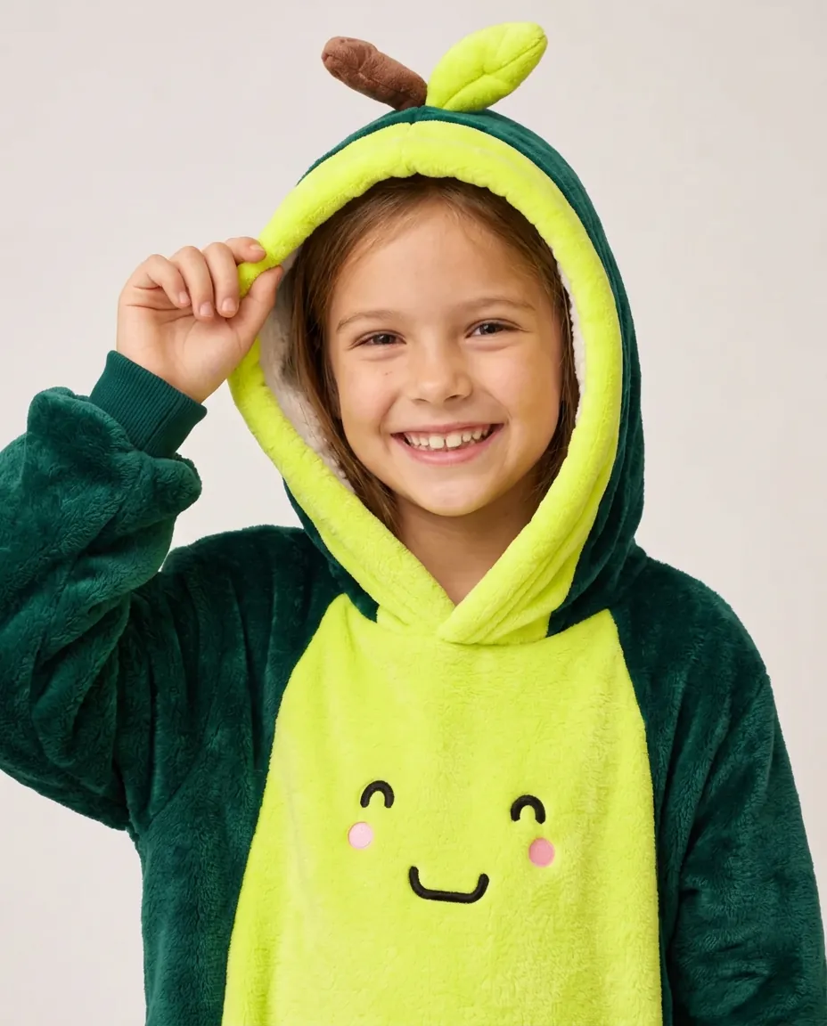 Close-up of a smiling girl holding the leafy hood of the Avocado Kids Moffli