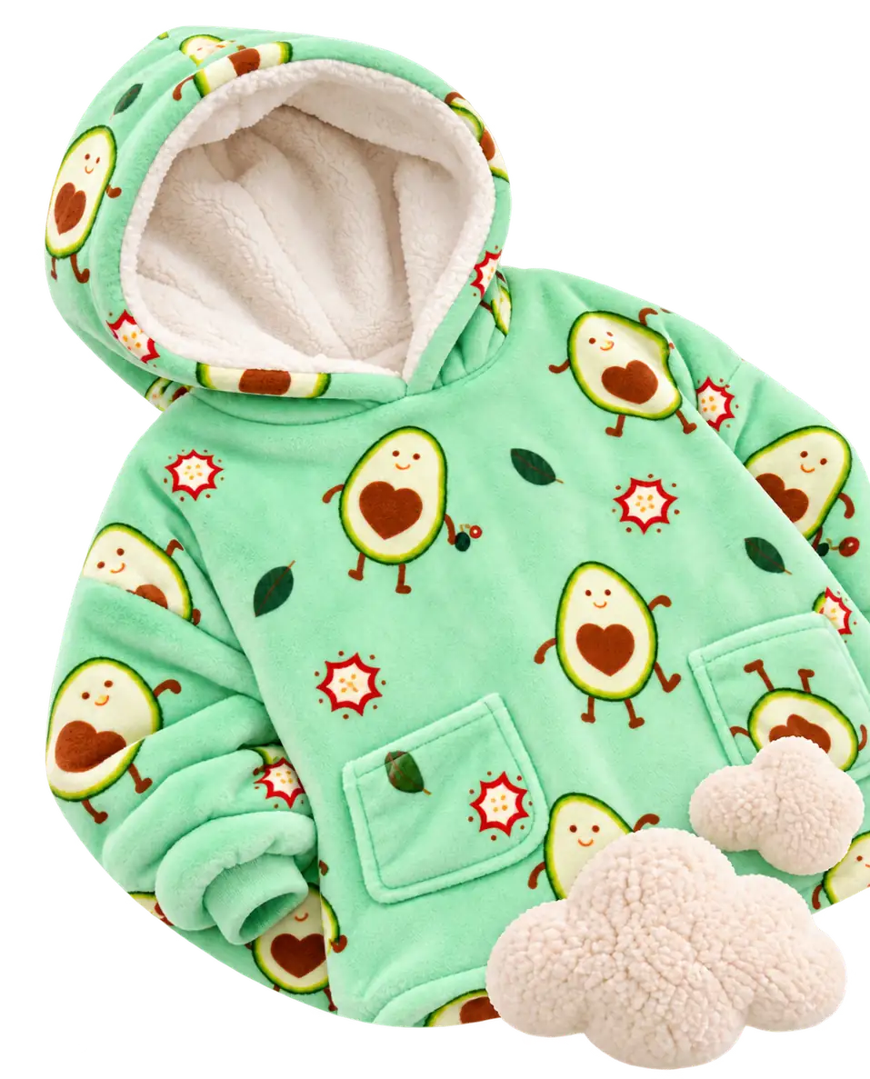 Mint green Avocado Love Kids Moffli blanket close-up, avocado with heart print, fleece lined hood and decorative soft clouds