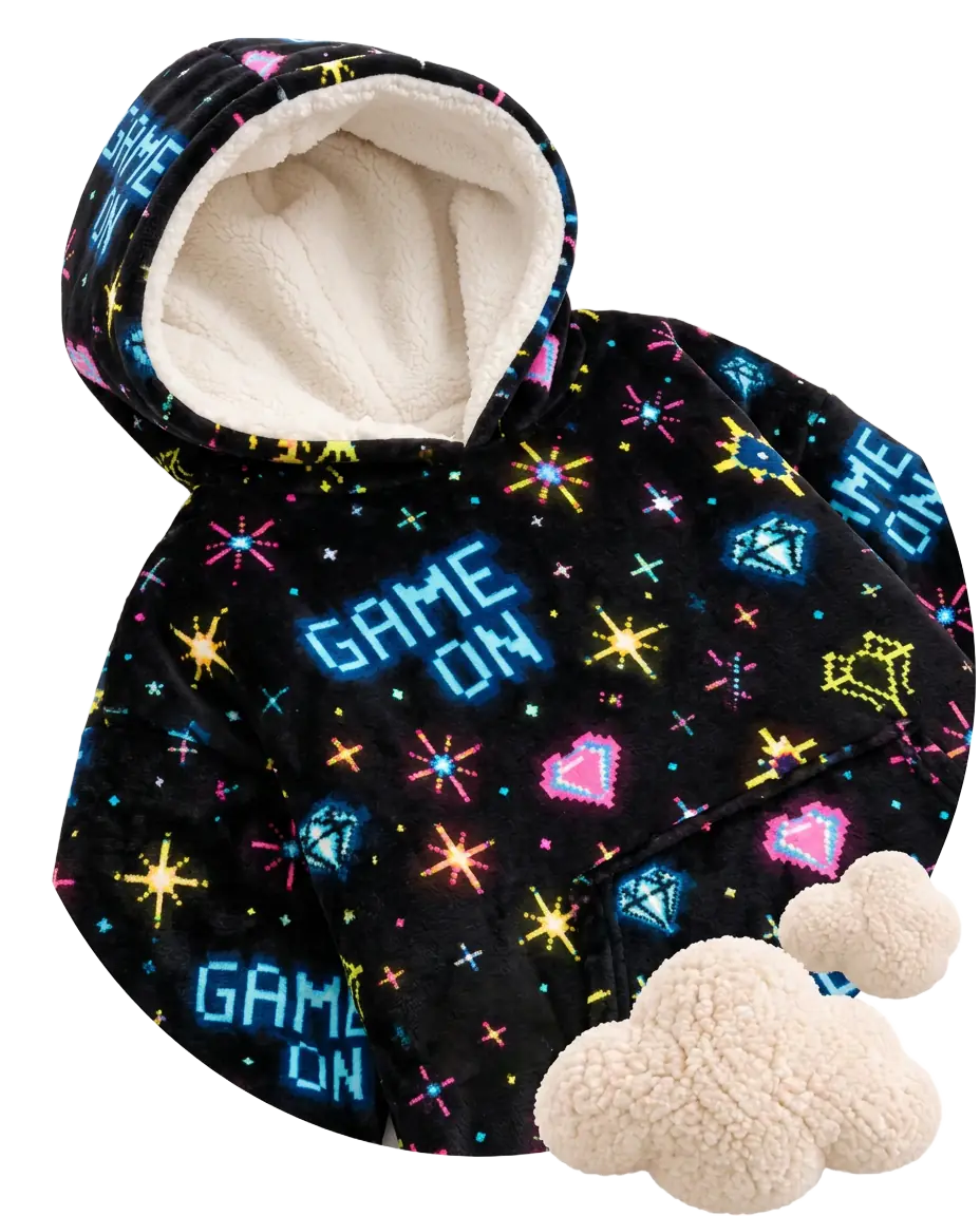 Black Game On Kids Moffli blanket close-up, GAME ON print with hearts and pixel diamonds, cream fleece lined hood and decorative soft clouds