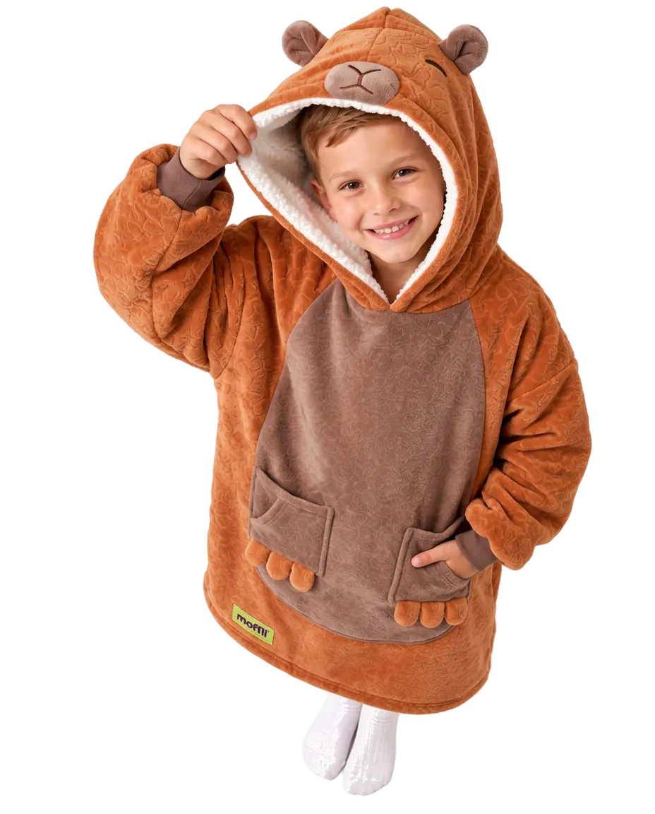 Child wearing the orange and brown Capybara Kids Moffli lifting the hood with ears