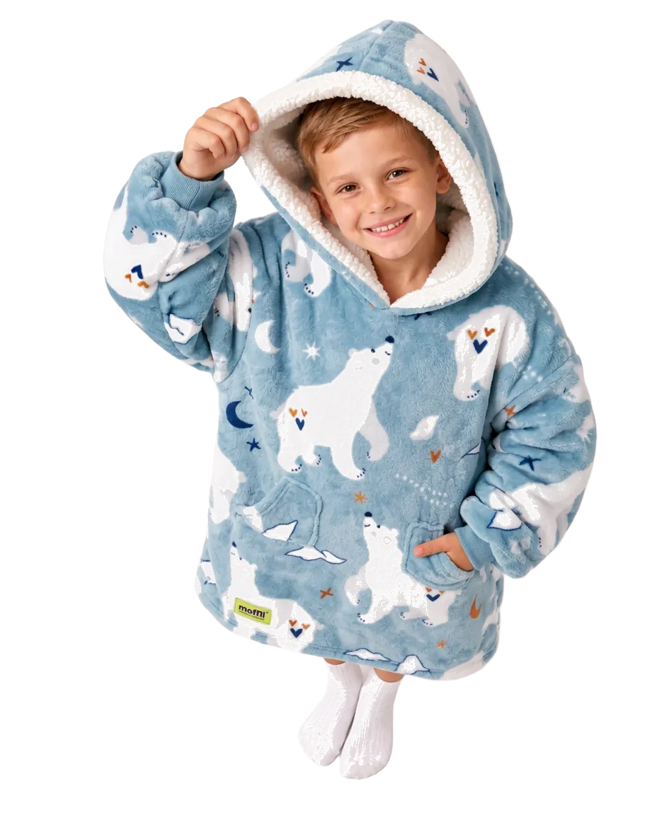 Child wearing the blue bear print Polar Bear Kids Moffli lifting the lined hood